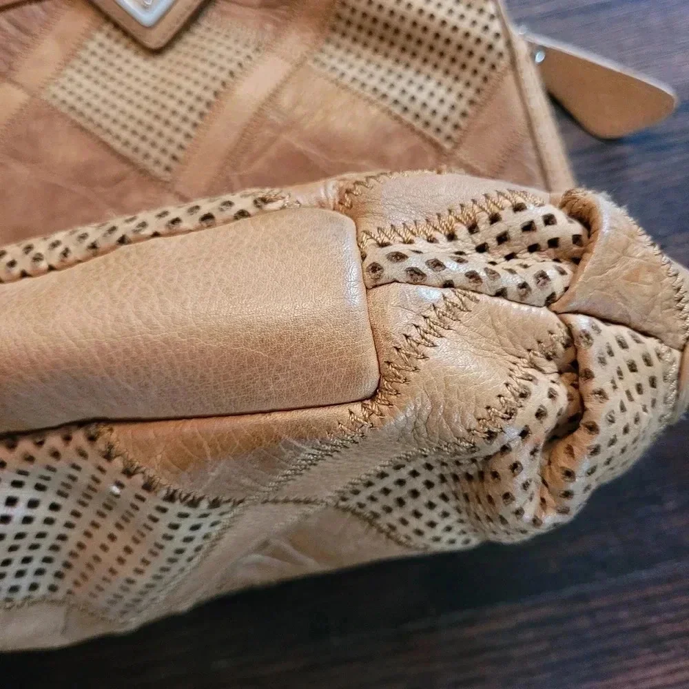 B. MARKOWSKY XL BOHO leather pebbled perforated Patchwork shoulder bag purse TAN